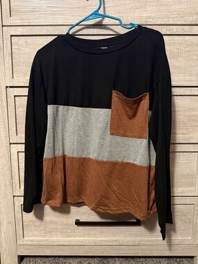 SHEIN Black Gray Brown Colorblock Long Sleeve Pocket Tee